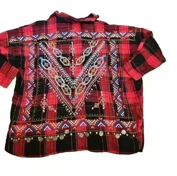 Zara Womens Red And Black Plaid Embroidered And Embellished Long Sleeve Top L - Picture 9 of 14